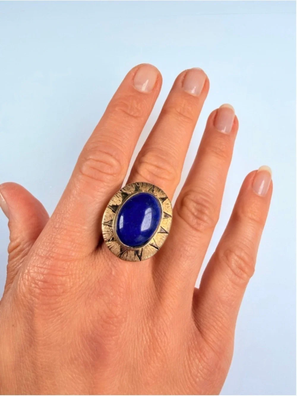 Estate 14K Solid Yellow Gold Large Oval Lapis Lazuli VTG Royal Mid Century Ring